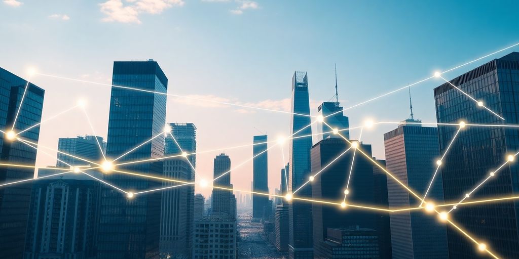 Glowing blockchain network over financial skyscrapers.