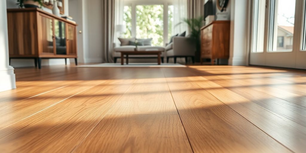 Close-up of newly installed wooden flooring in a room.