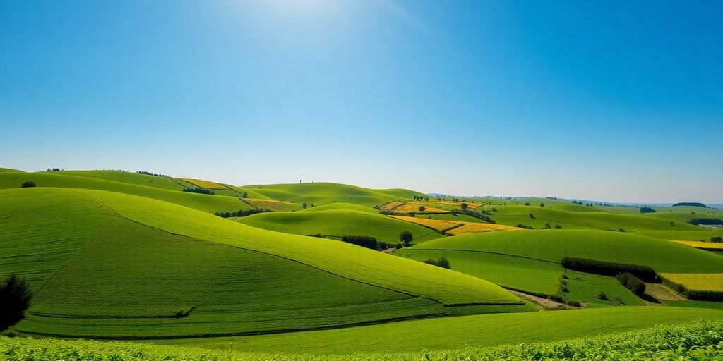 Terenuri agricole verzi sub cer senin.