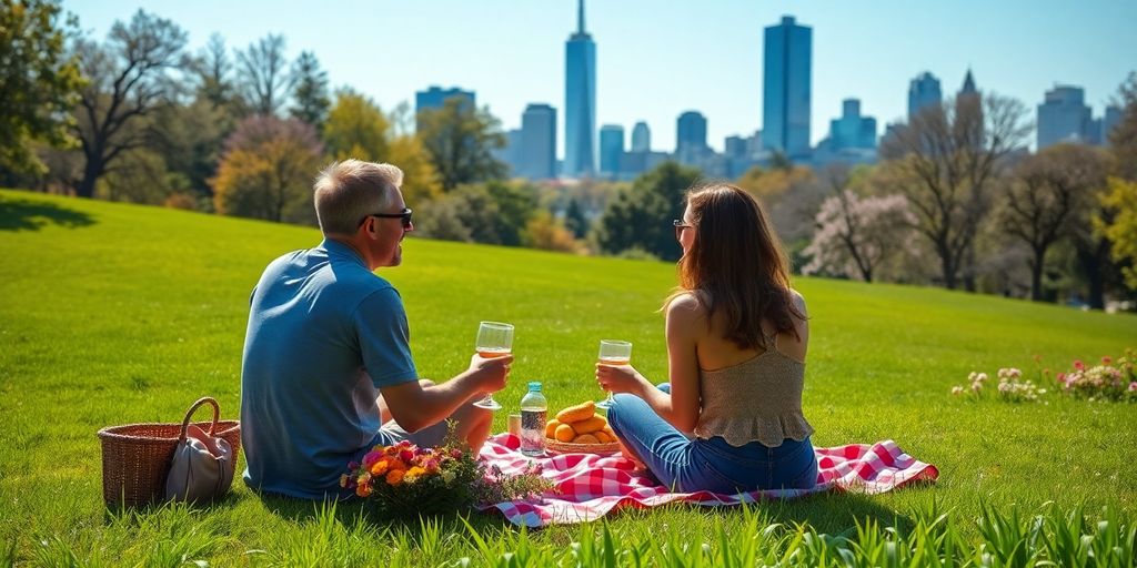 Couple enjoying a city park picnic with a famous landmark in the background.