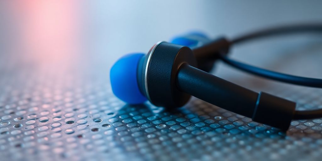 Nahaufnahme von In-Ear Kopfhörern auf einem Tisch.