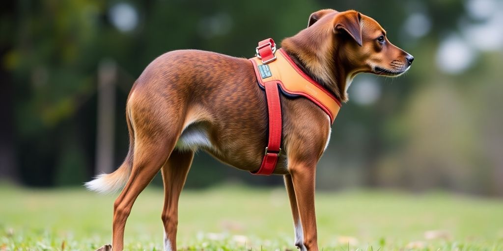 Dog in a colorful hip support harness outdoors.