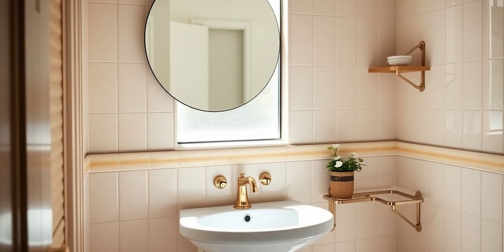 Art Deco bathroom, gold accents, geometric tiles, budget