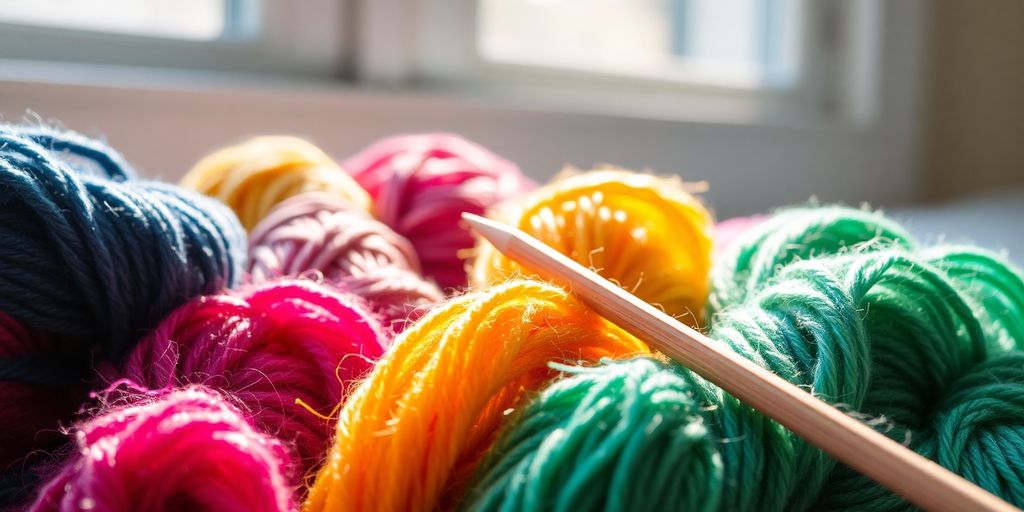 Yarn skeins, knitting needles, natural light