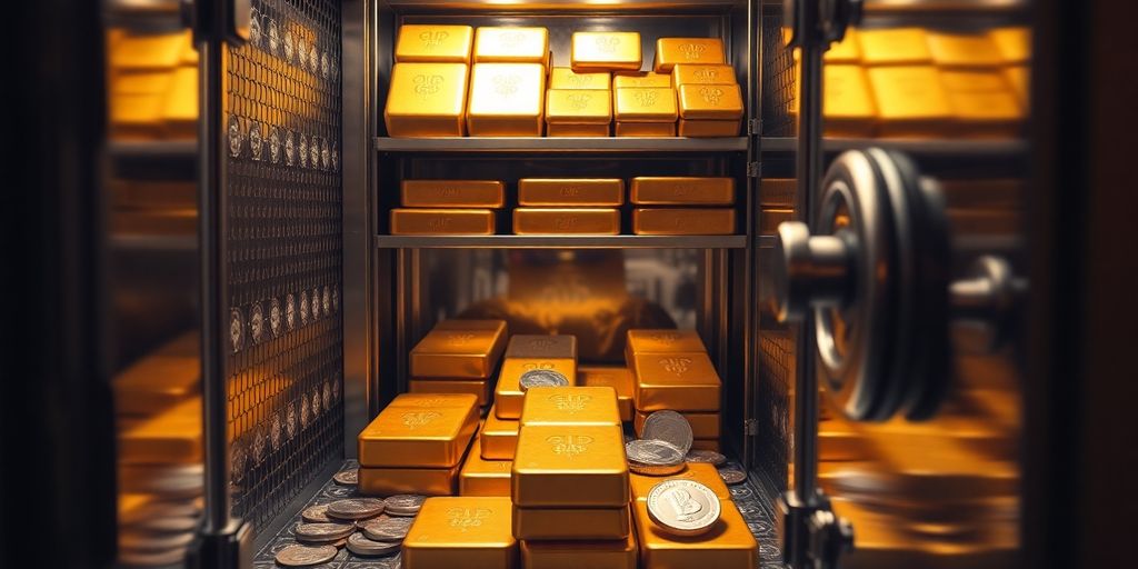 Coffre-fort avec des lingots d'or et des pièces d'argent.