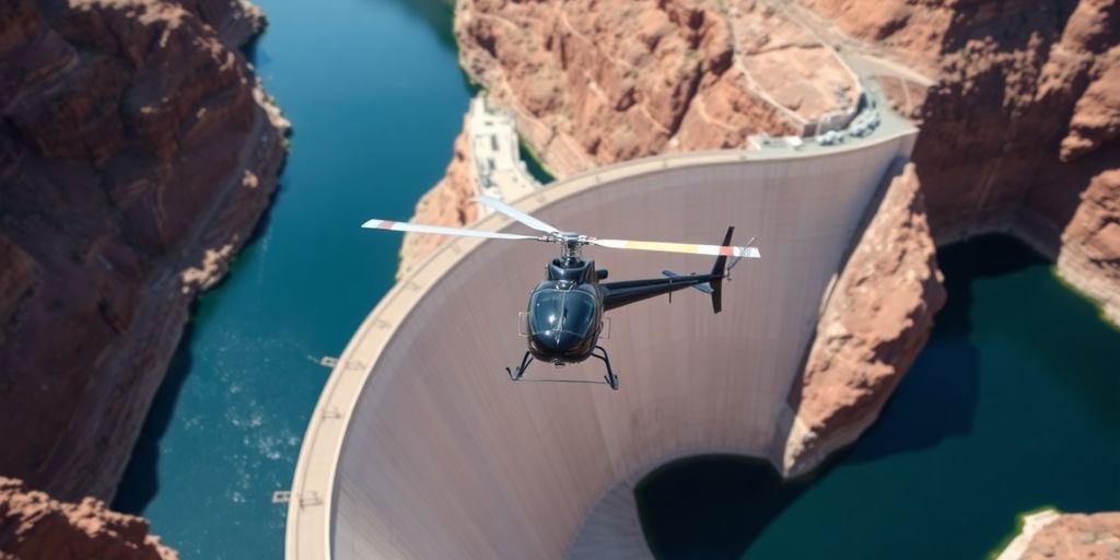A helicopter flies over the Hoover Dam and Colorado River.