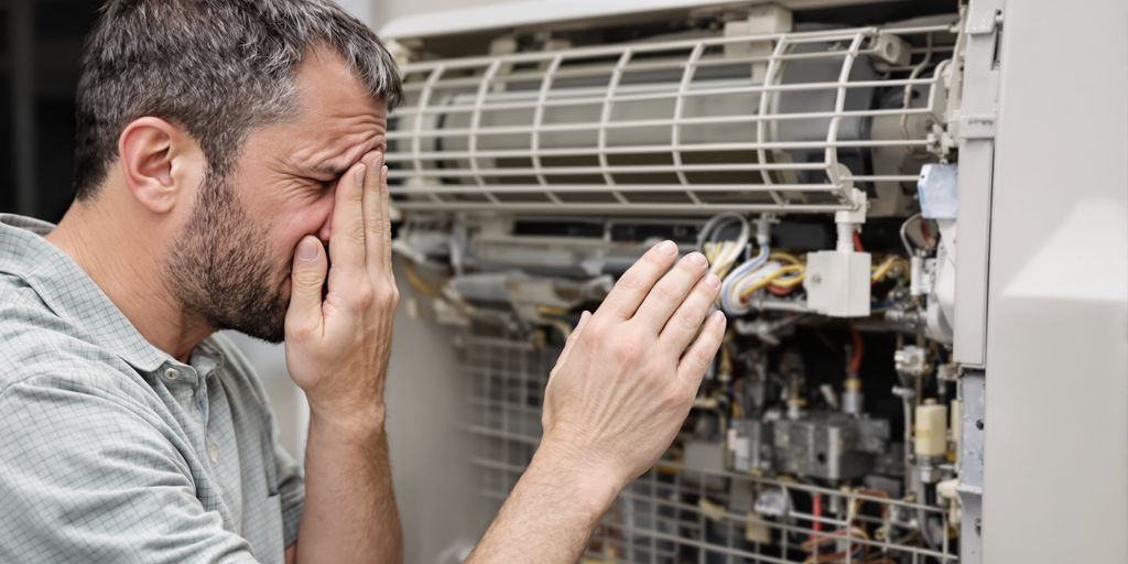 Man sweating next to a broken air conditioner.