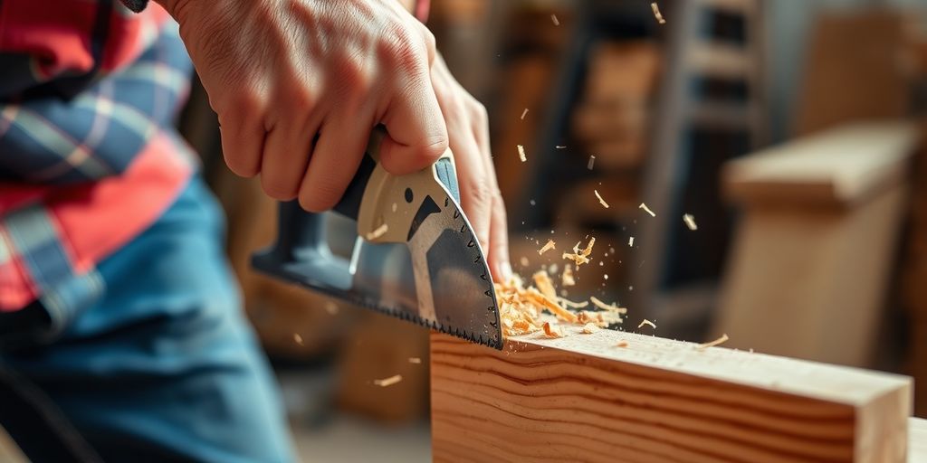 Carpenter cutting wood with saw