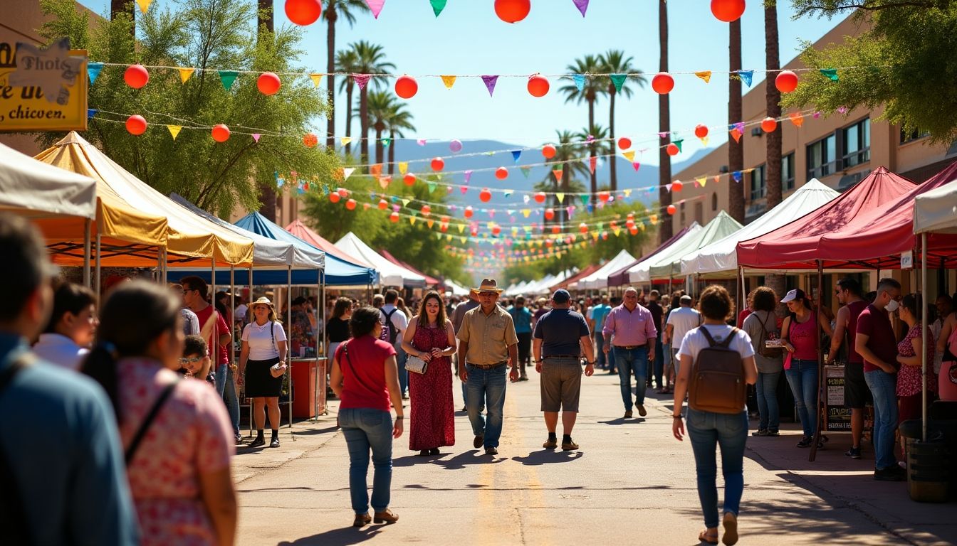 Tucson festival with colorful decorations and lively crowds.