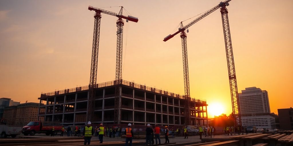 Construction site with cranes and workers