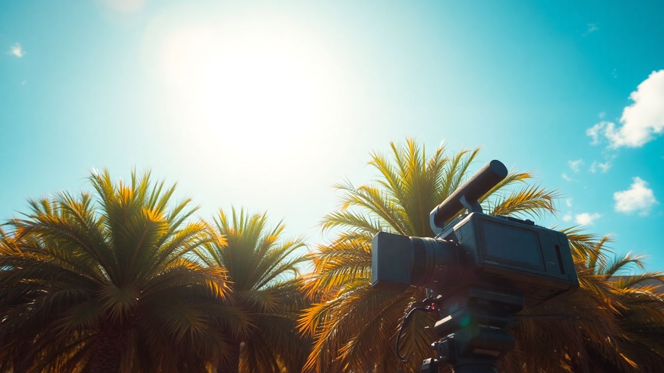 Professional camera near colorful palm trees under bright sky.