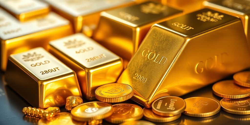 Lingots d'or et pièces d'investissement diversifiés.