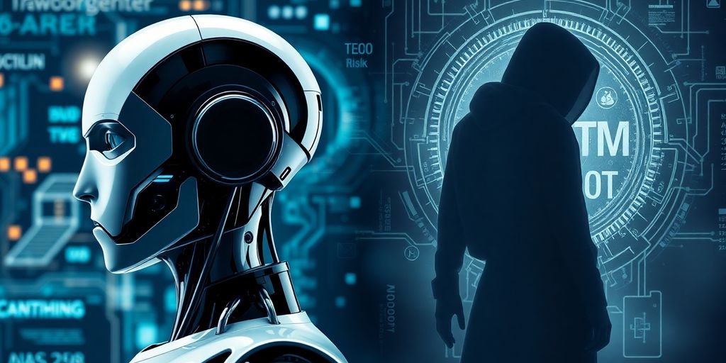 Robot and shadowy figure illustrating AI's dual nature.