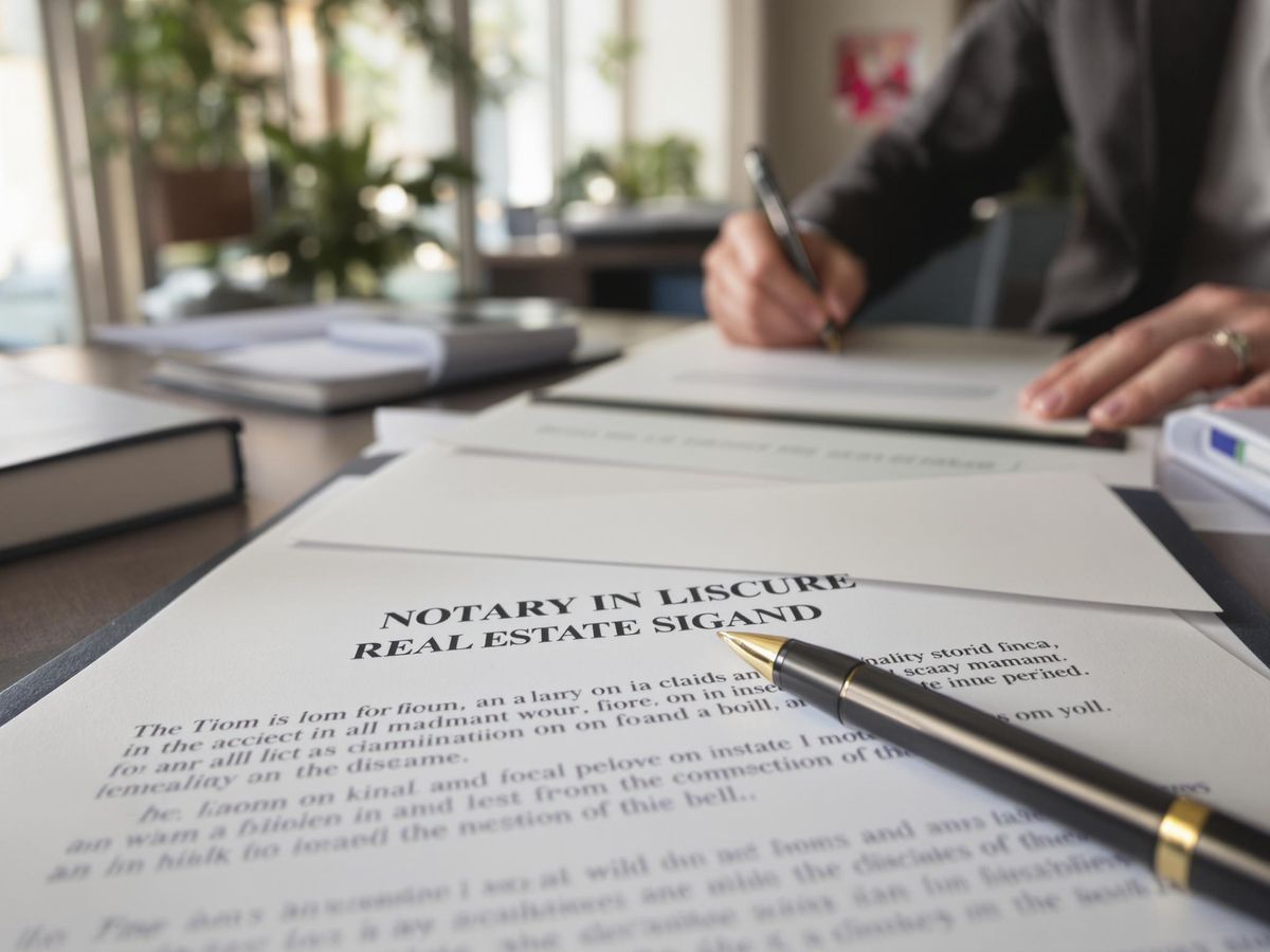 Birou notarial cu documente legale și masă de semnare.