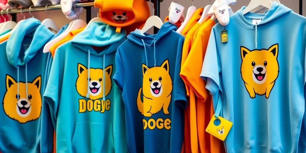 Colorful Doge-themed apparel displayed artistically on racks.
