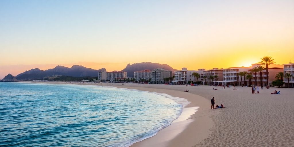 Beautiful beach and hotels in Los Cabos at sunset.