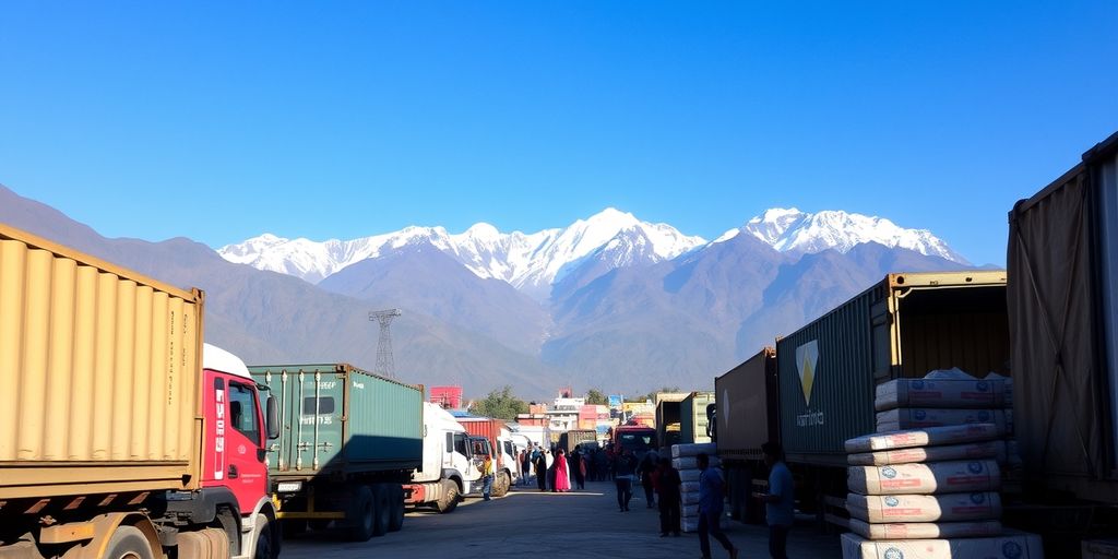 Logistics operations in Nepal with cargo trucks and mountains.