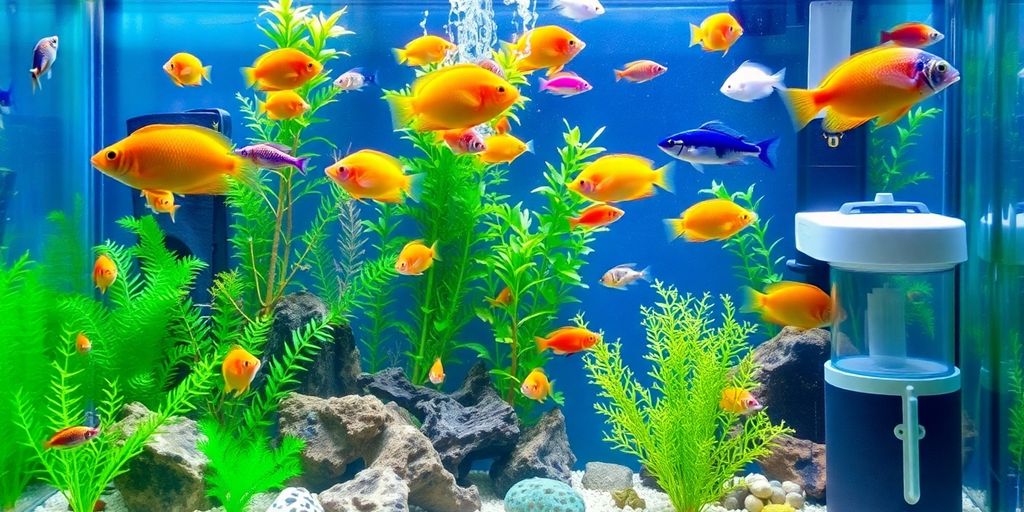 色彩斑斓的水族箱，里面有鱼和基本设备。