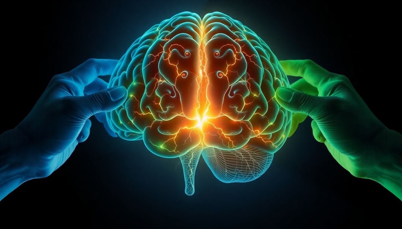 Two hands pulling apart a glowing, fractured AI brain.