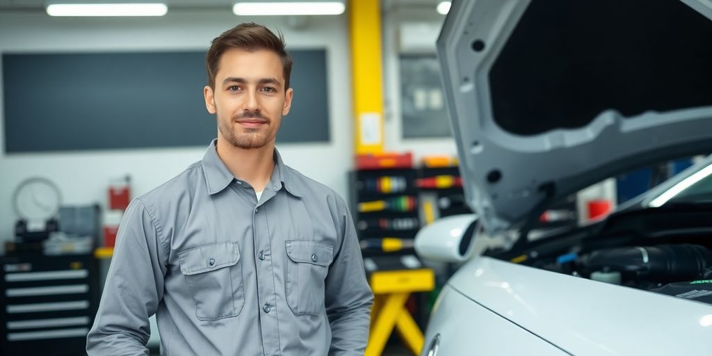 Mechanic inspecting engine with hood open