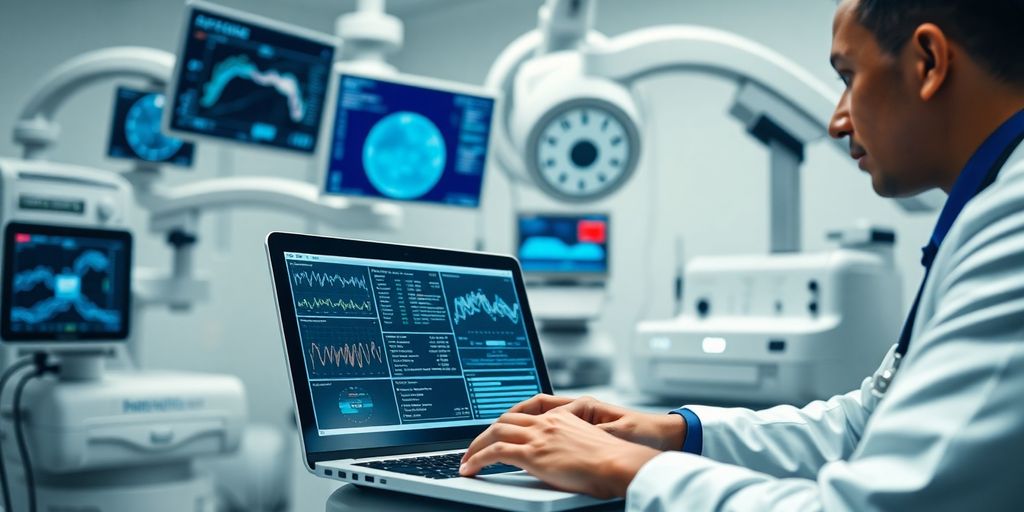 Medical professional using technology for patient diagnostics.