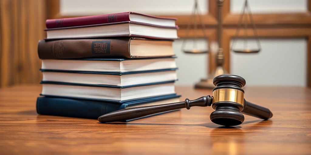 Law books with gavel and scales.