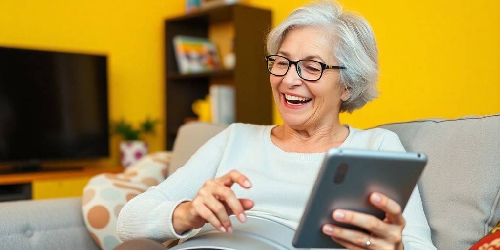 Happy retired woman using tablet surrounded by tech gadgets.