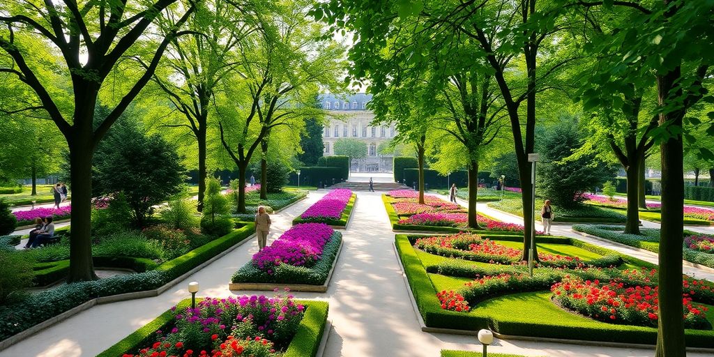 Vibrant flowers and lush greenery in a Parisian garden.