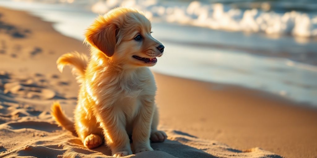 Puppy learning basic commands on Bondi Beach.
