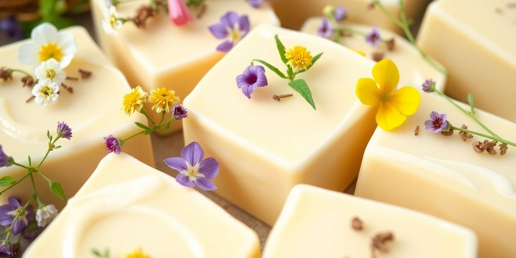 Creamy goat milk soap with fresh spring flowers and herbs.