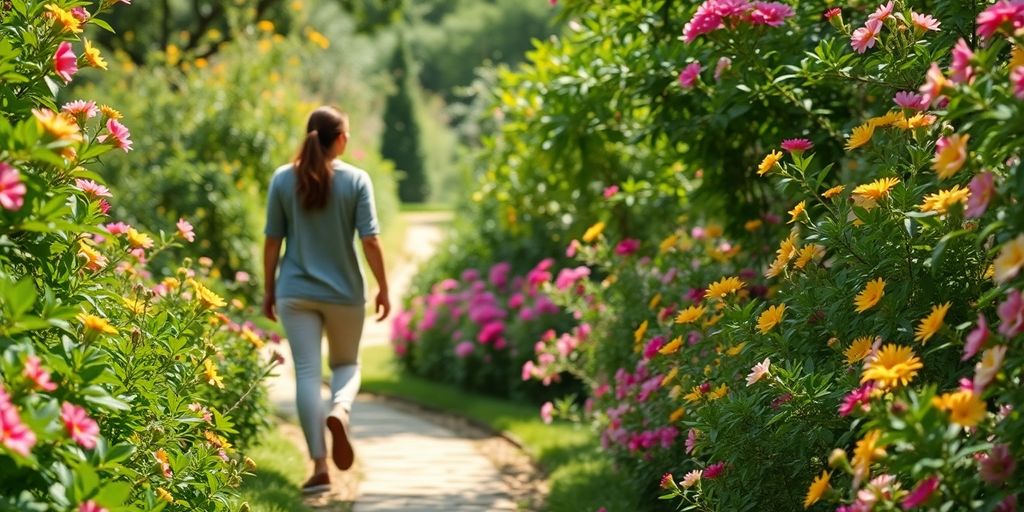 Person walks on path, vibrant flowers.