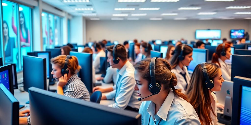 Smiling professionals working in a modern call center.