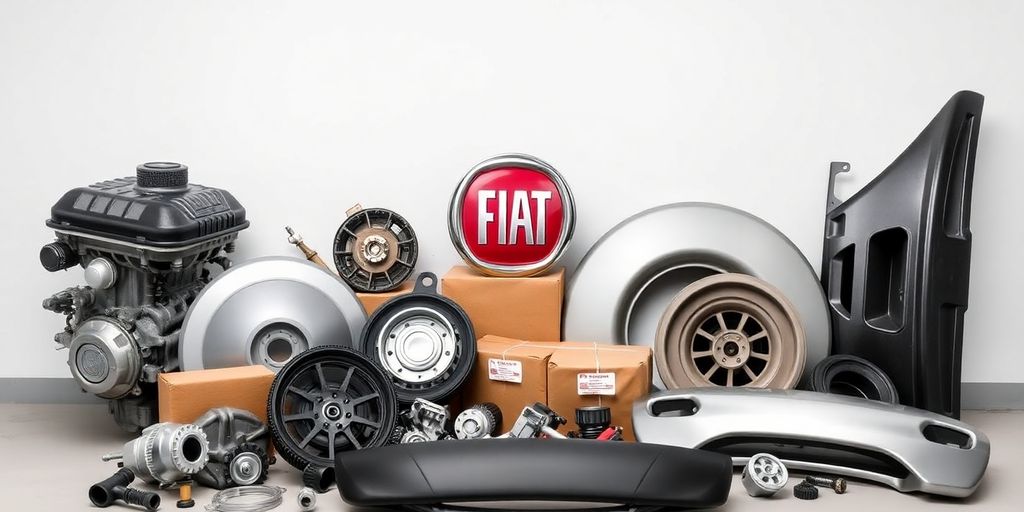 Fiat spare parts laid out on a clean surface.