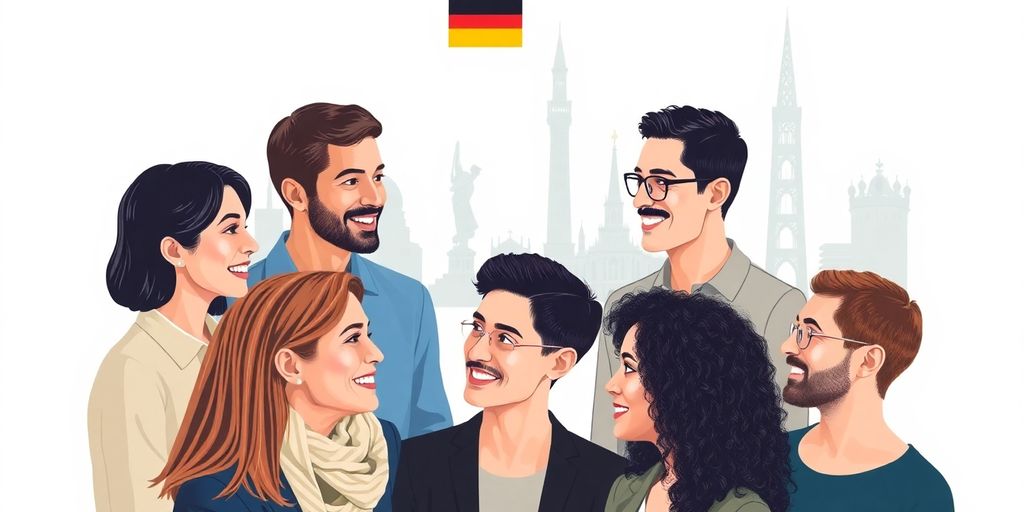 Diverse group of people communicating across cultures.