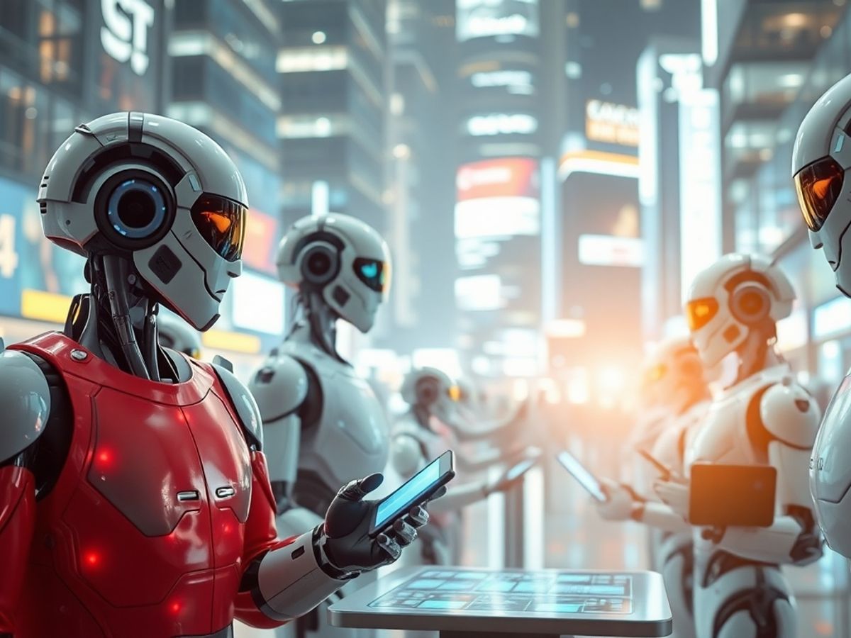 Futuristic scene of intelligent agents and technology interaction.
