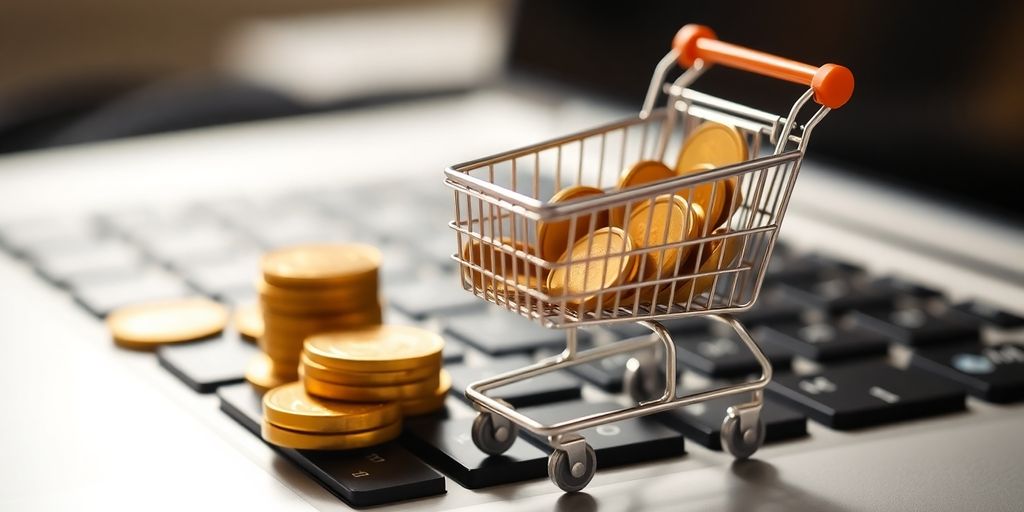 Coins and shopping cart on keyboard.