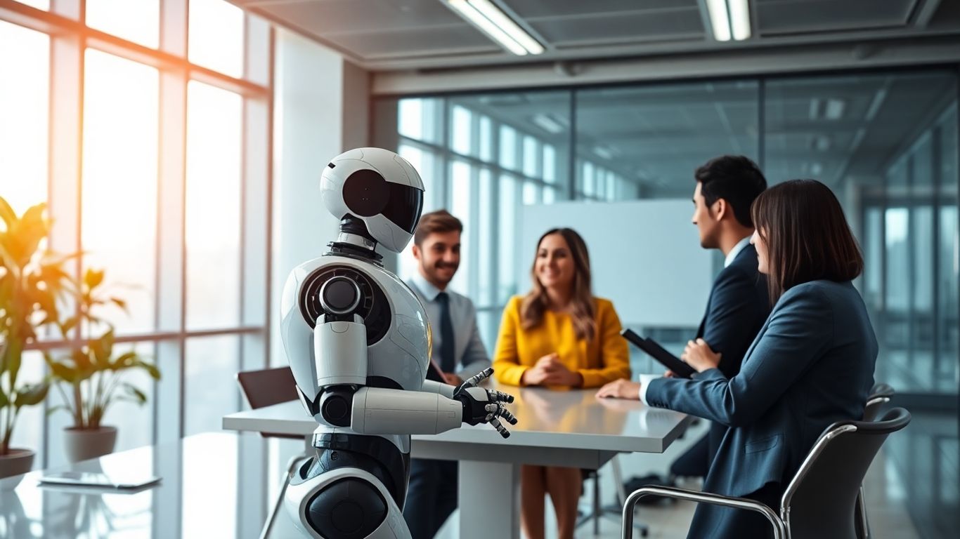 Business team and AI robot collaborating in office meeting.