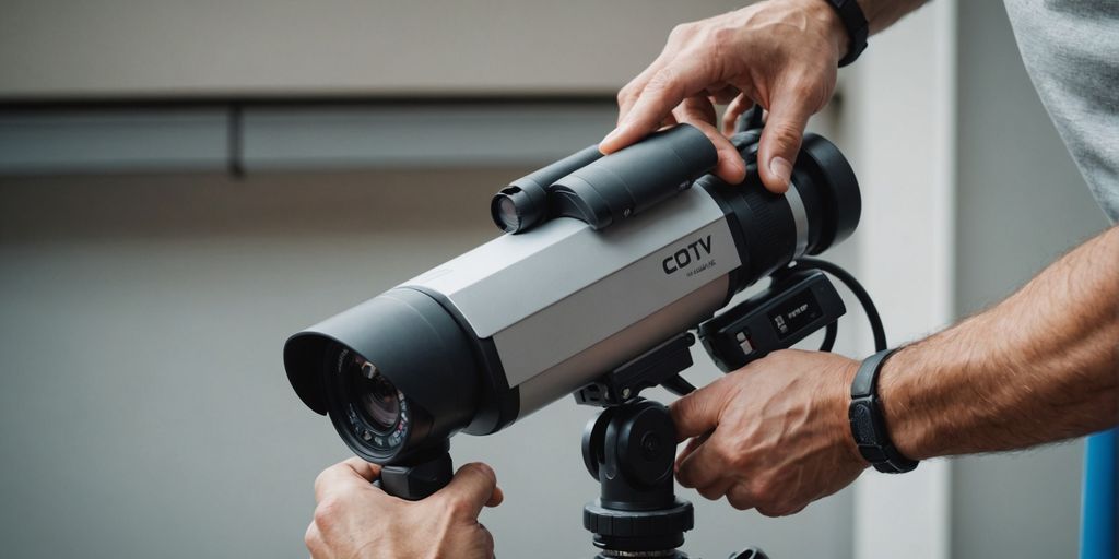 Technician installing CCTV camera on wall with tools.