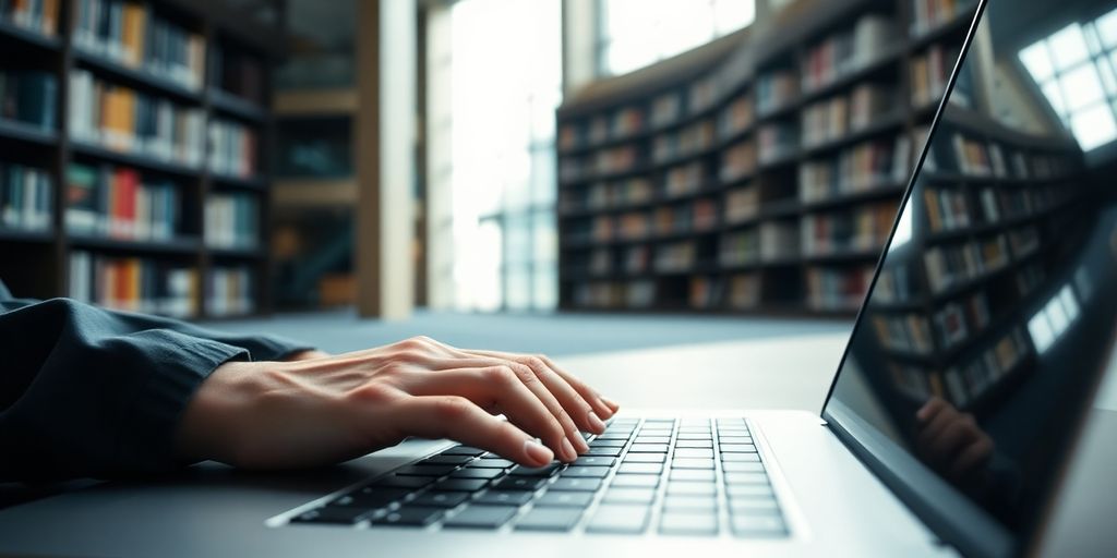 Student studying on laptop in a library.