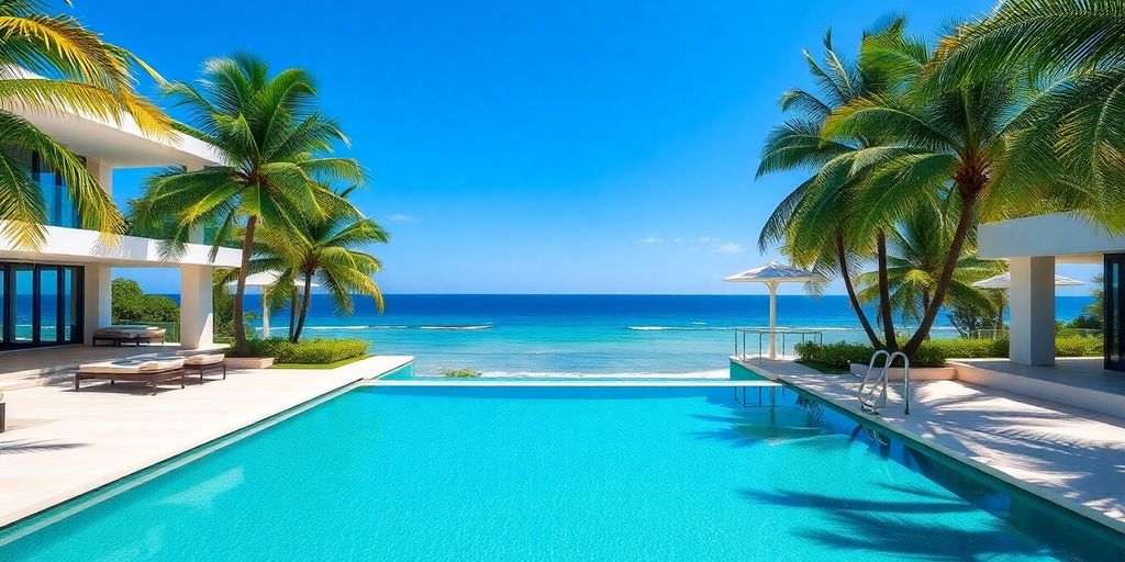 Luxury villa, infinity pool, ocean view, palm trees, blue sky