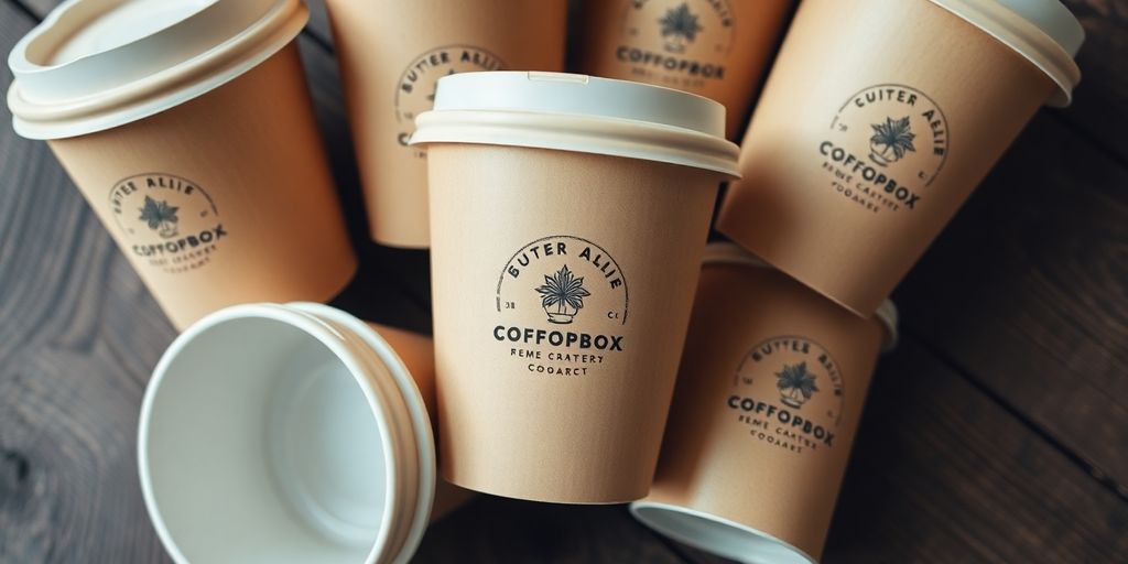 Close-up of artisanal coffee cups with custom branding.