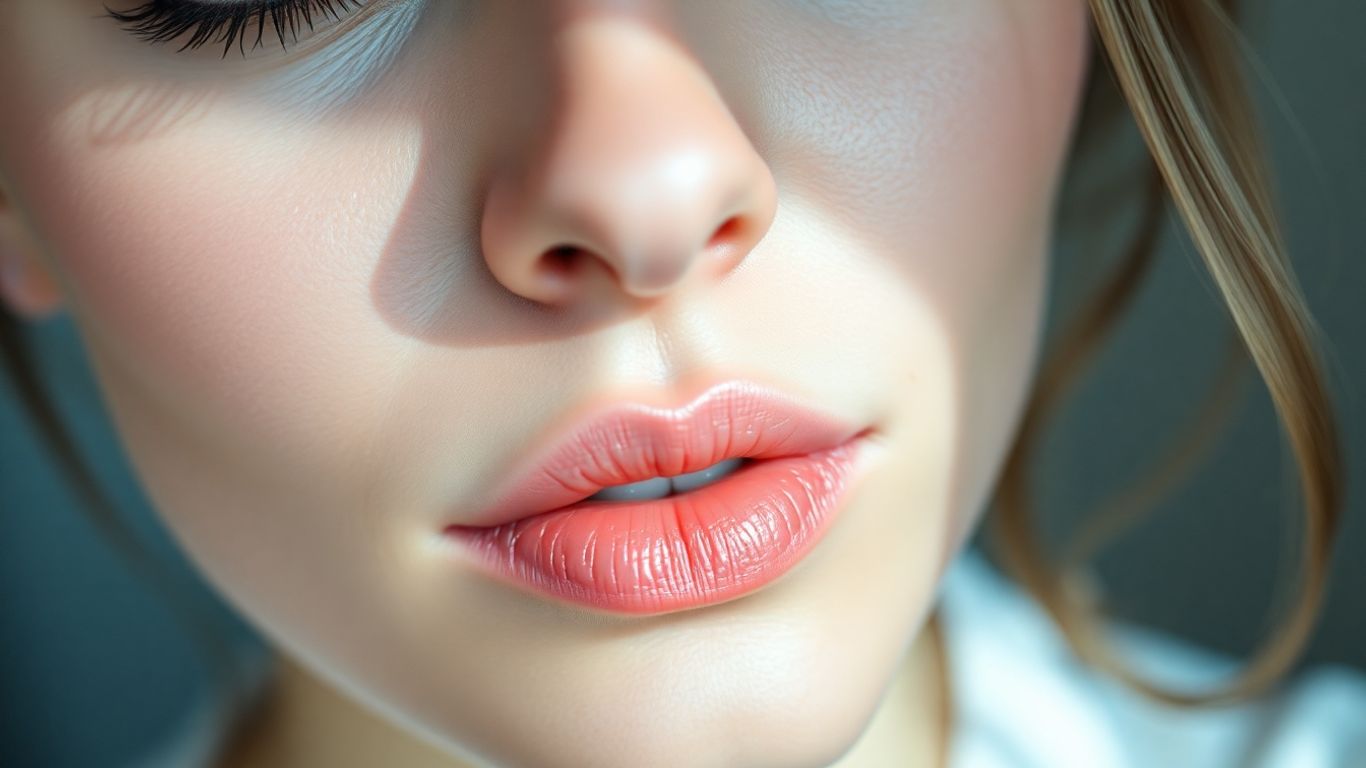 Woman's face with hydrated lips and glowing skin.