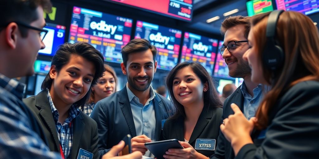 Group of young traders engaged in animated discussion.