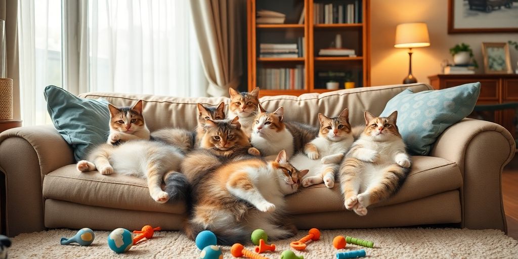 Cozy cats lounging together on a comfortable sofa.