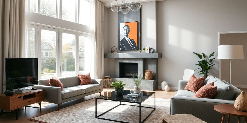 Modern living room with bright decor and natural light.