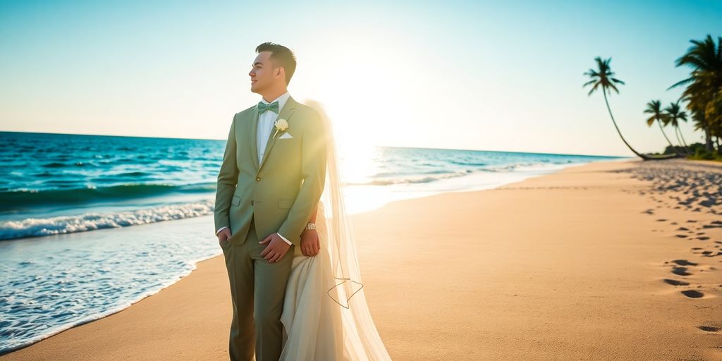 Couple on beach at sunset, wedding attire.