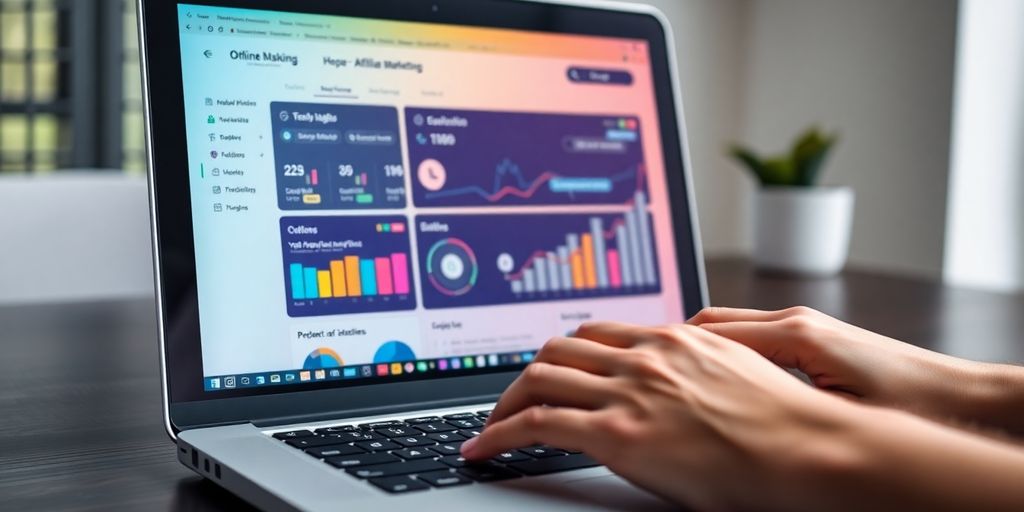 Laptop with affiliate marketing dashboard and hands typing.