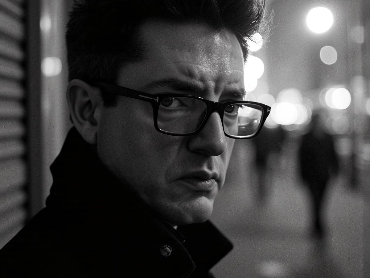 A person in glasses looks seriously, with a blurred background.