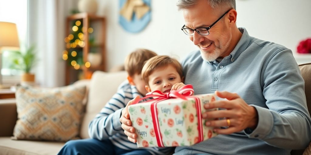 Father receiving a personalized gift from his child.