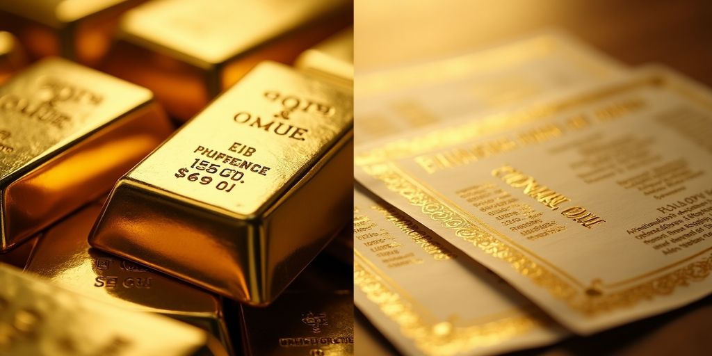 Barres d'or et certificats d'or côte à côte.